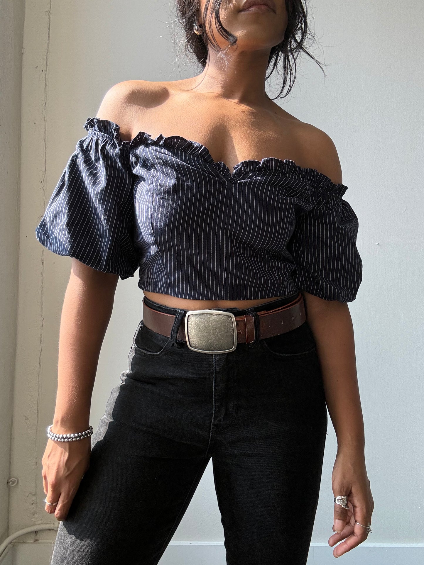 Lori Cold Shoulder Pinstripe Puff Sleeve Crop Top In Navy