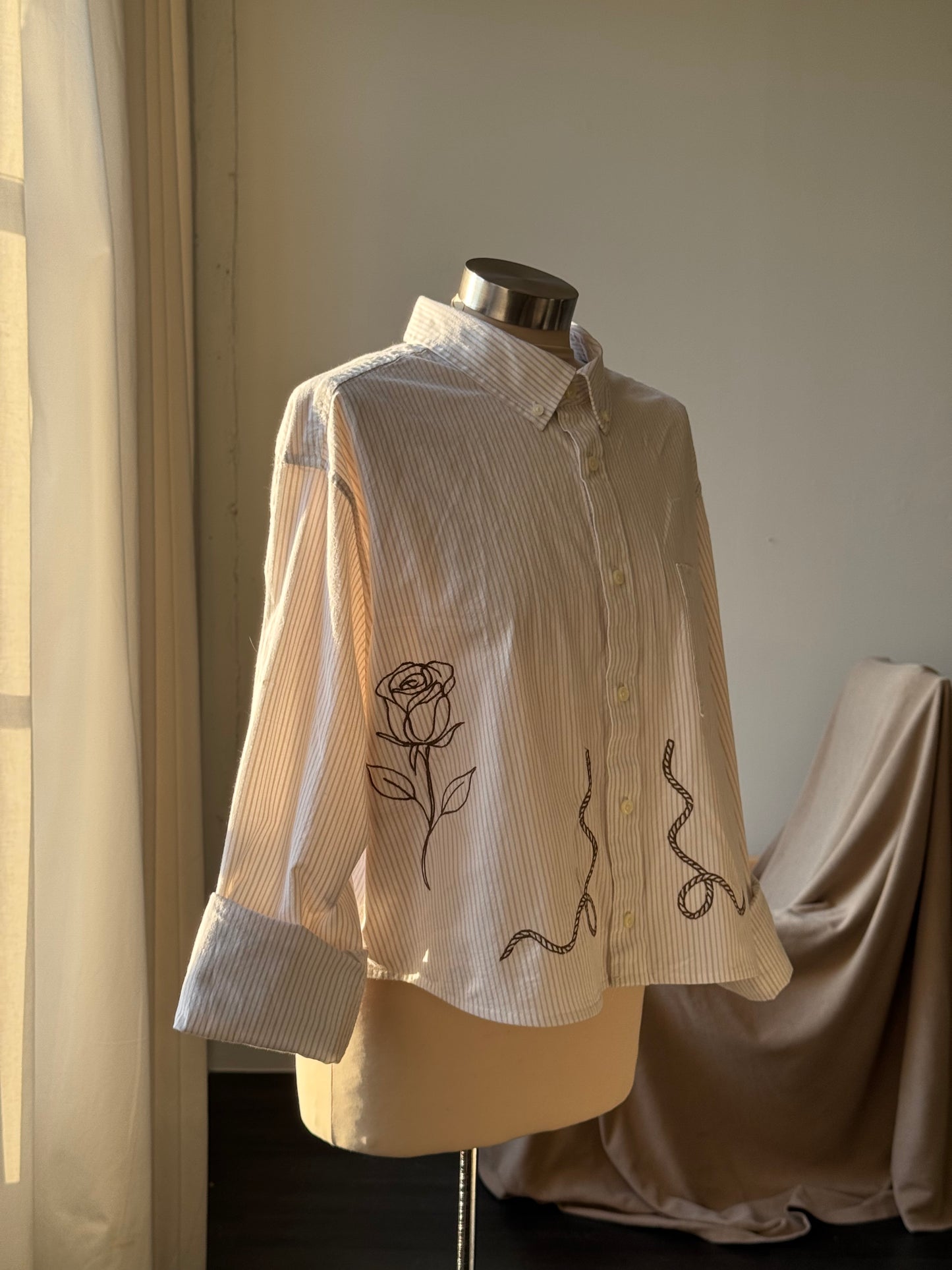 Judy Handcrafted Cropped StripedButton Down Long Sleeve