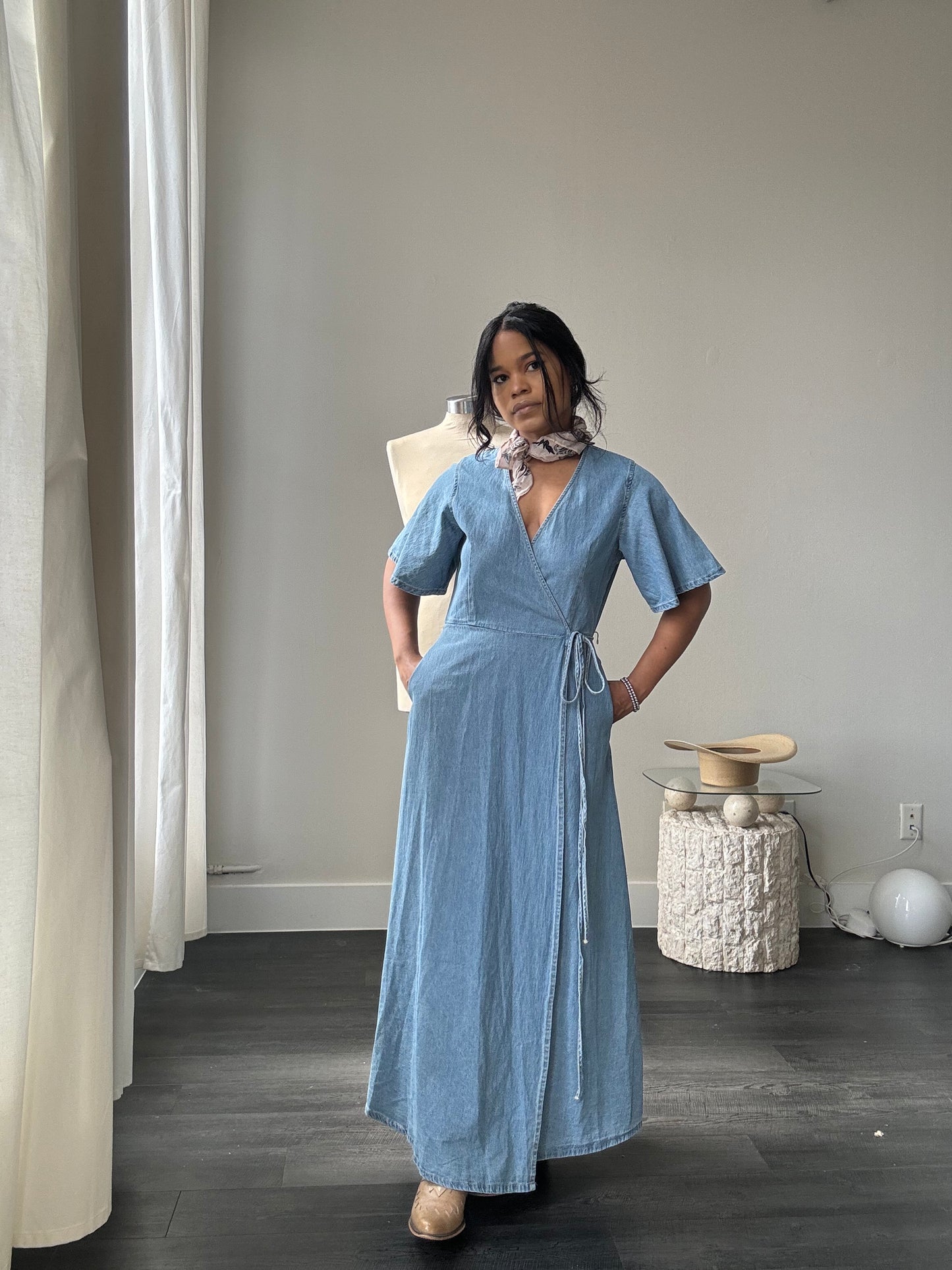 Robbyn Cotton Denim Wrap Dress In Light Wash