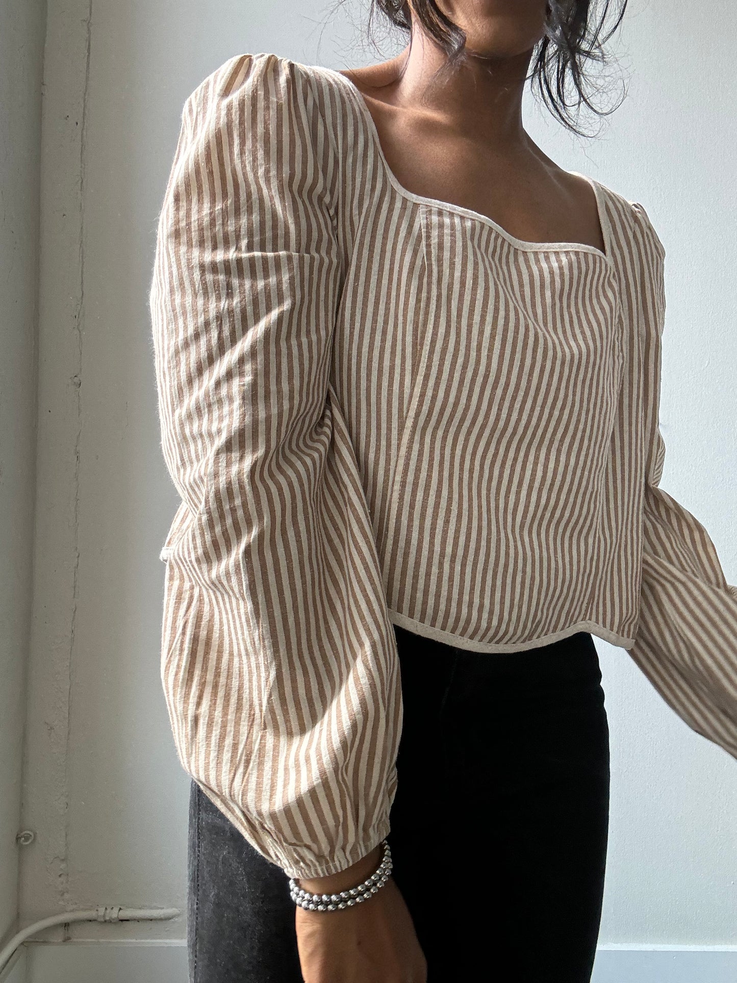 Marcella Cotton Button Back Striped Crop Top In Taupe