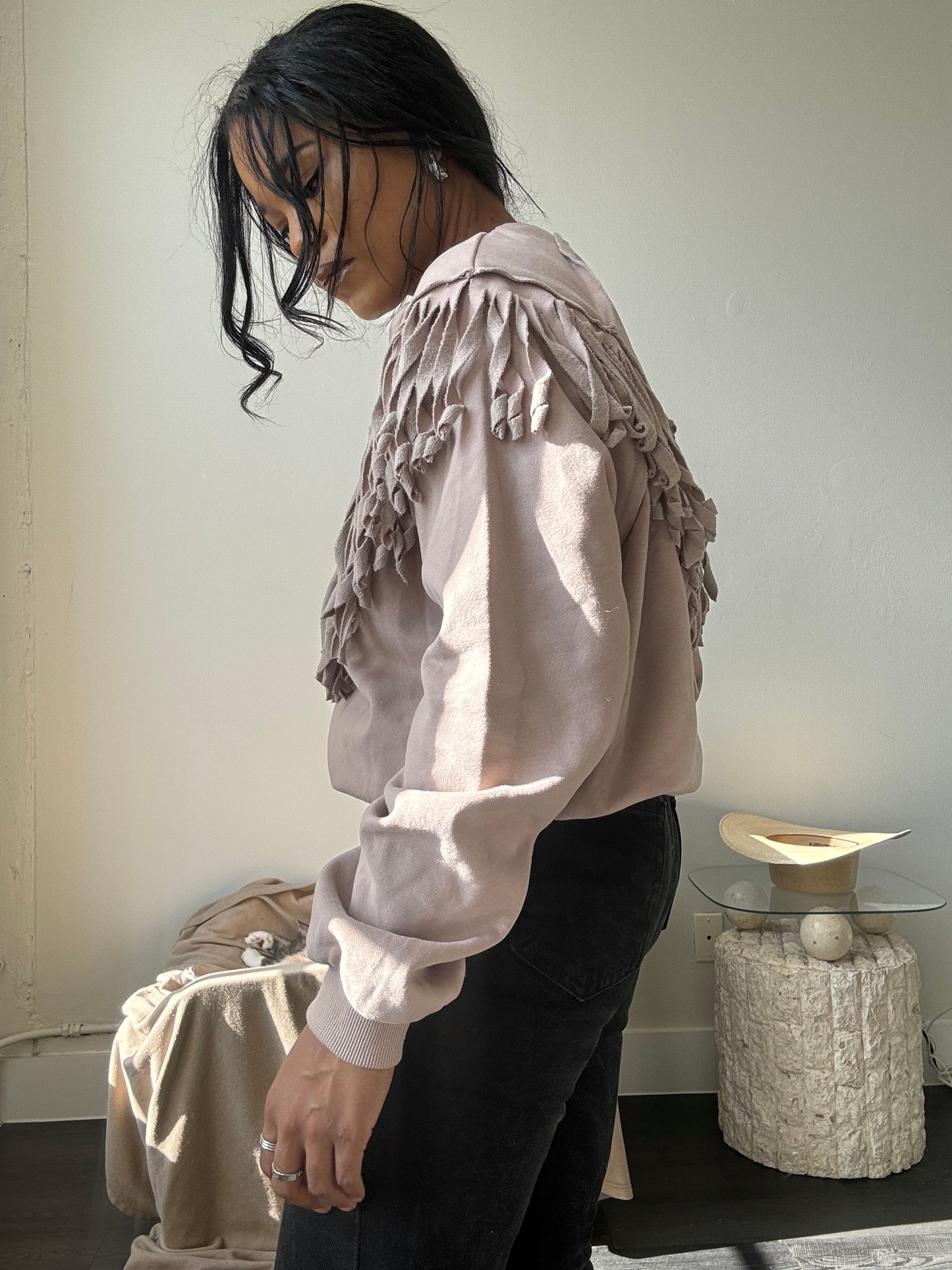 Kalon Cotton Crewneck Western Style Fringe Pullover In Sand