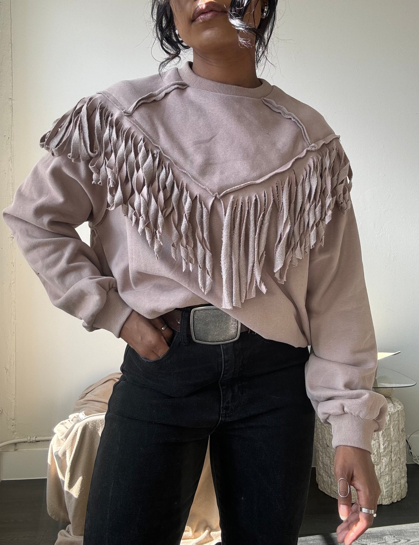 Kalon Cotton Crewneck Western Style Fringe Pullover In Sand