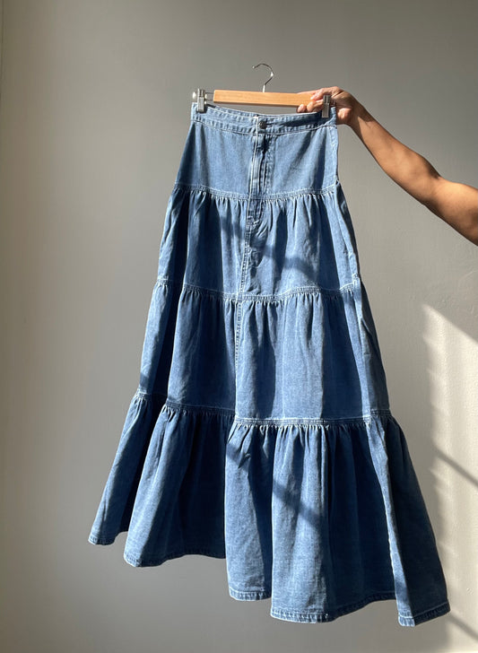 Amanda Tiered Denim Maxi Skirt In Indigo