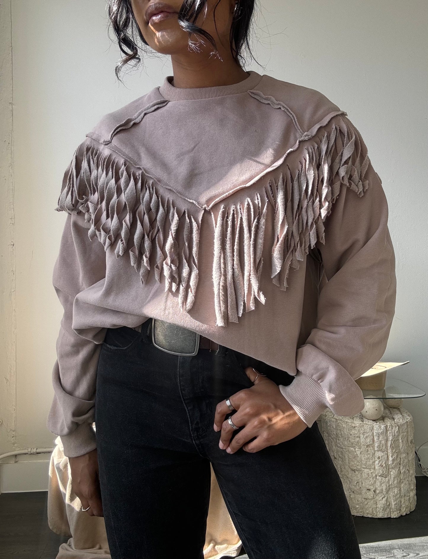 Kalon Cotton Crewneck Western Style Fringe Pullover In Sand