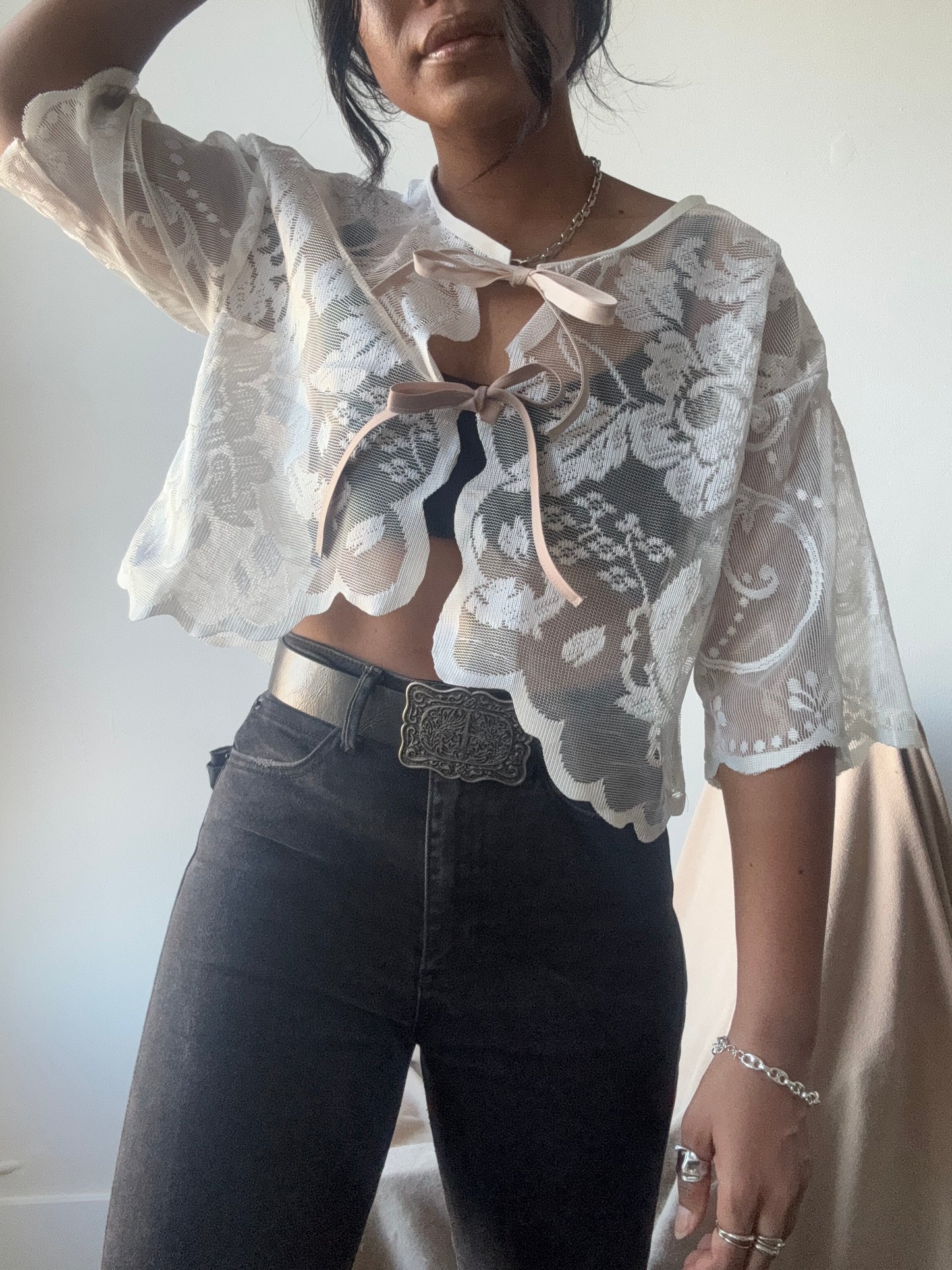 Sherie Handcrafted Vintage Lace Tie Top In Ivory