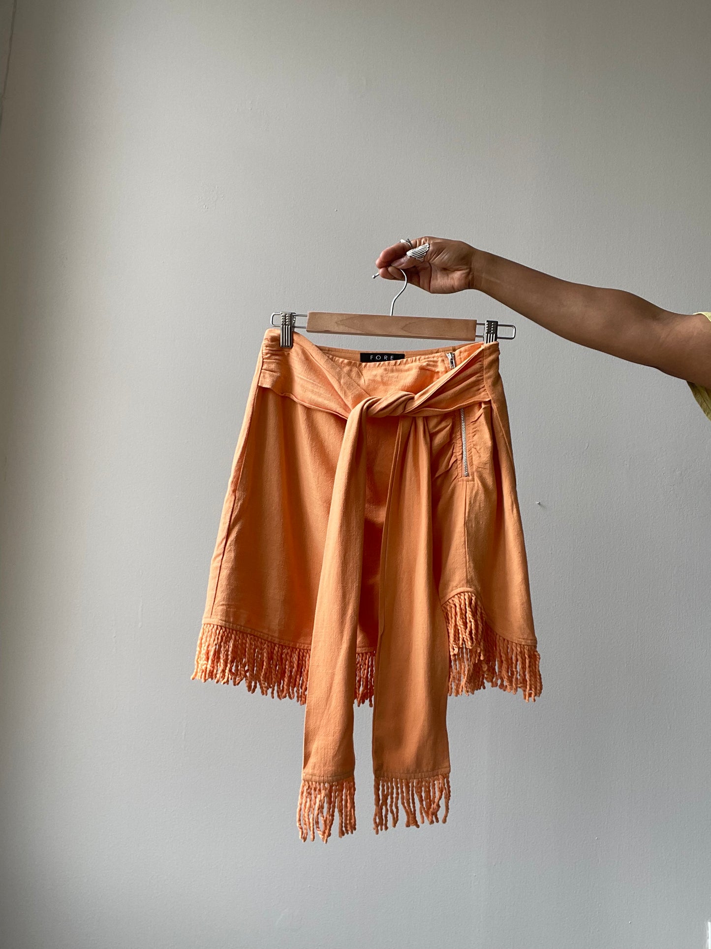 Lacy Linen Fringe Tie Mini Skirt In Tangerine
