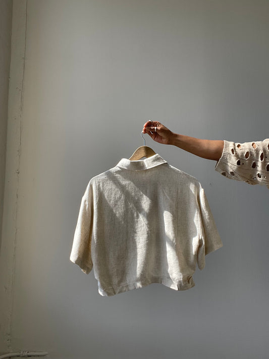 Maggie Linen Cotton High Low Button Front Top In Natural