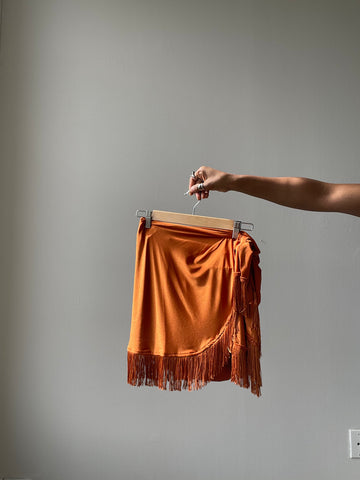 Waco Wrap Fringe Skirt w/Shorts In Rust