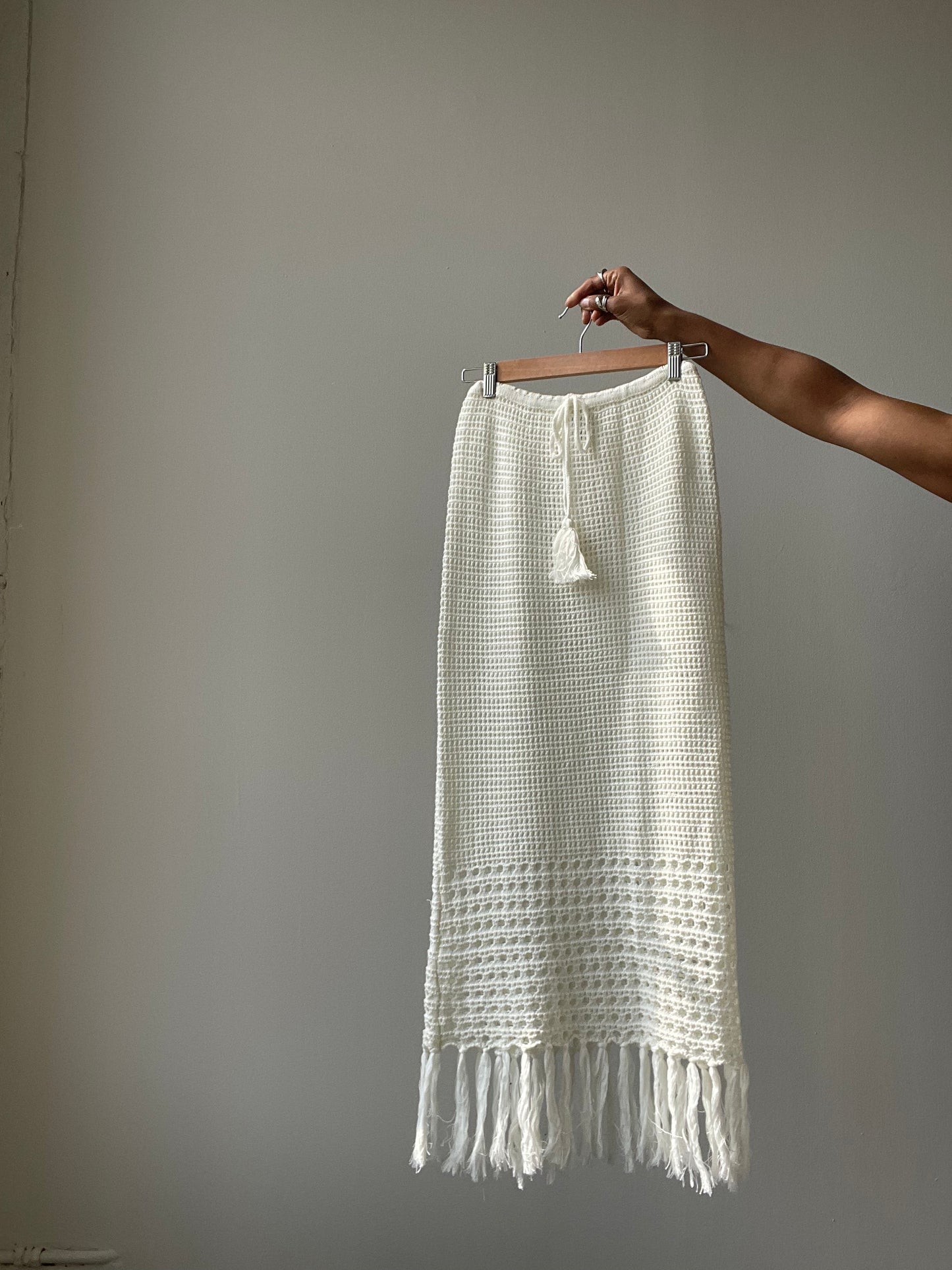 Courtney Cotton Crochet Fringe Midi Skirt In Ivory
