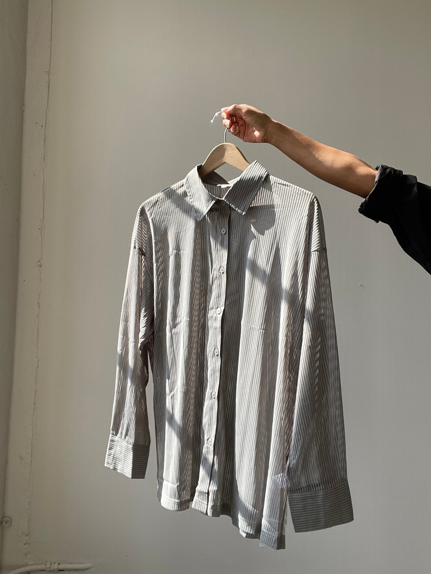 Presley Striped Sheer Button Down In Dust Sage