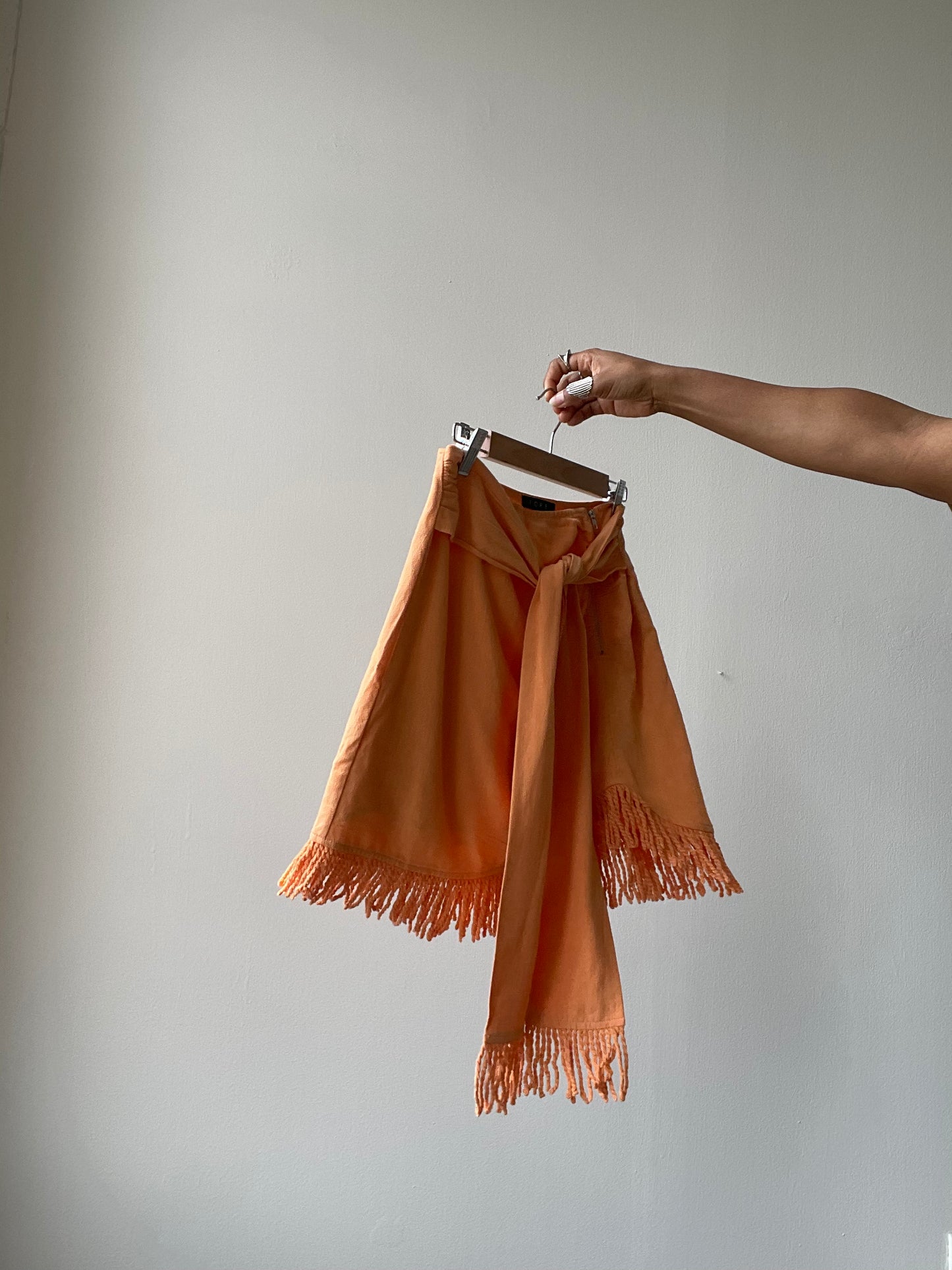 Lacy Linen Fringe Tie Mini Skirt In Tangerine