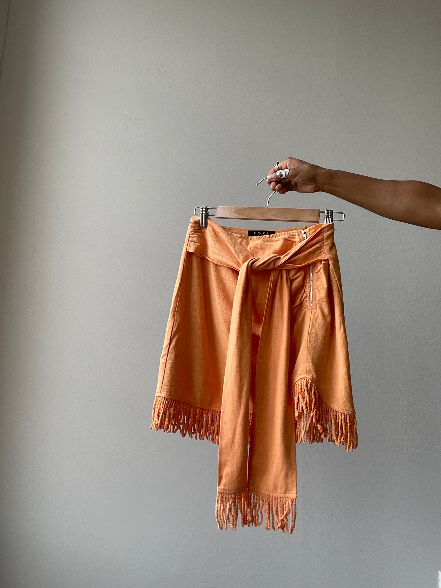 Lacy Linen Fringe Tie Mini Skirt In Tangerine