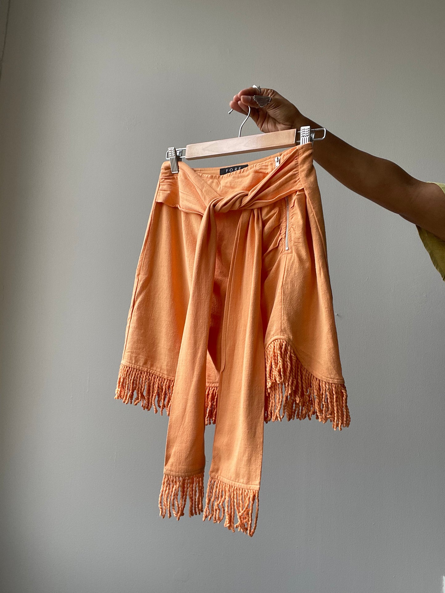 Lacy Linen Fringe Tie Mini Skirt In Tangerine