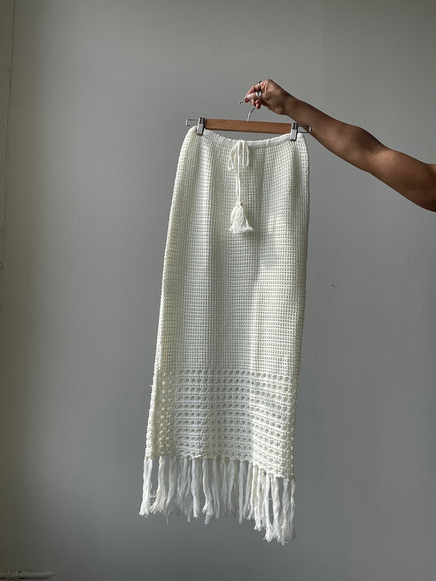 Courtney Cotton Crochet Fringe Midi Skirt In Ivory