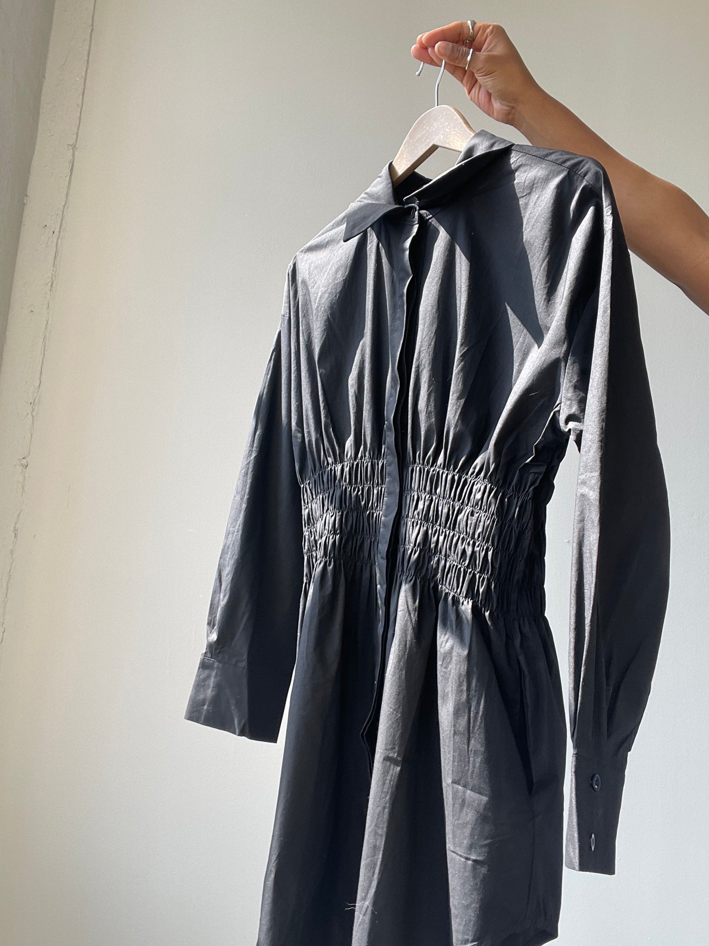 Lexi Rouged Button Down Shirt Dress In Black