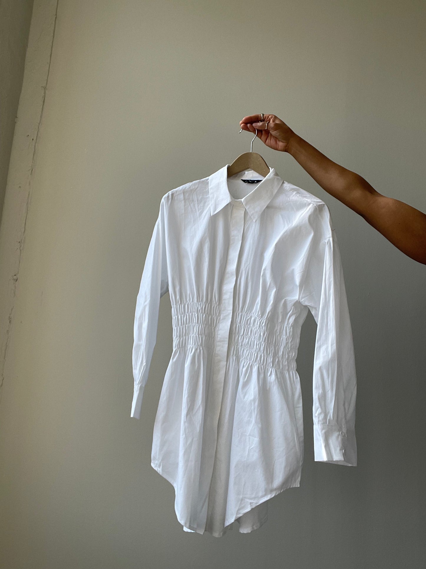 Lexi Rouged Button Down Shirt Dress In White