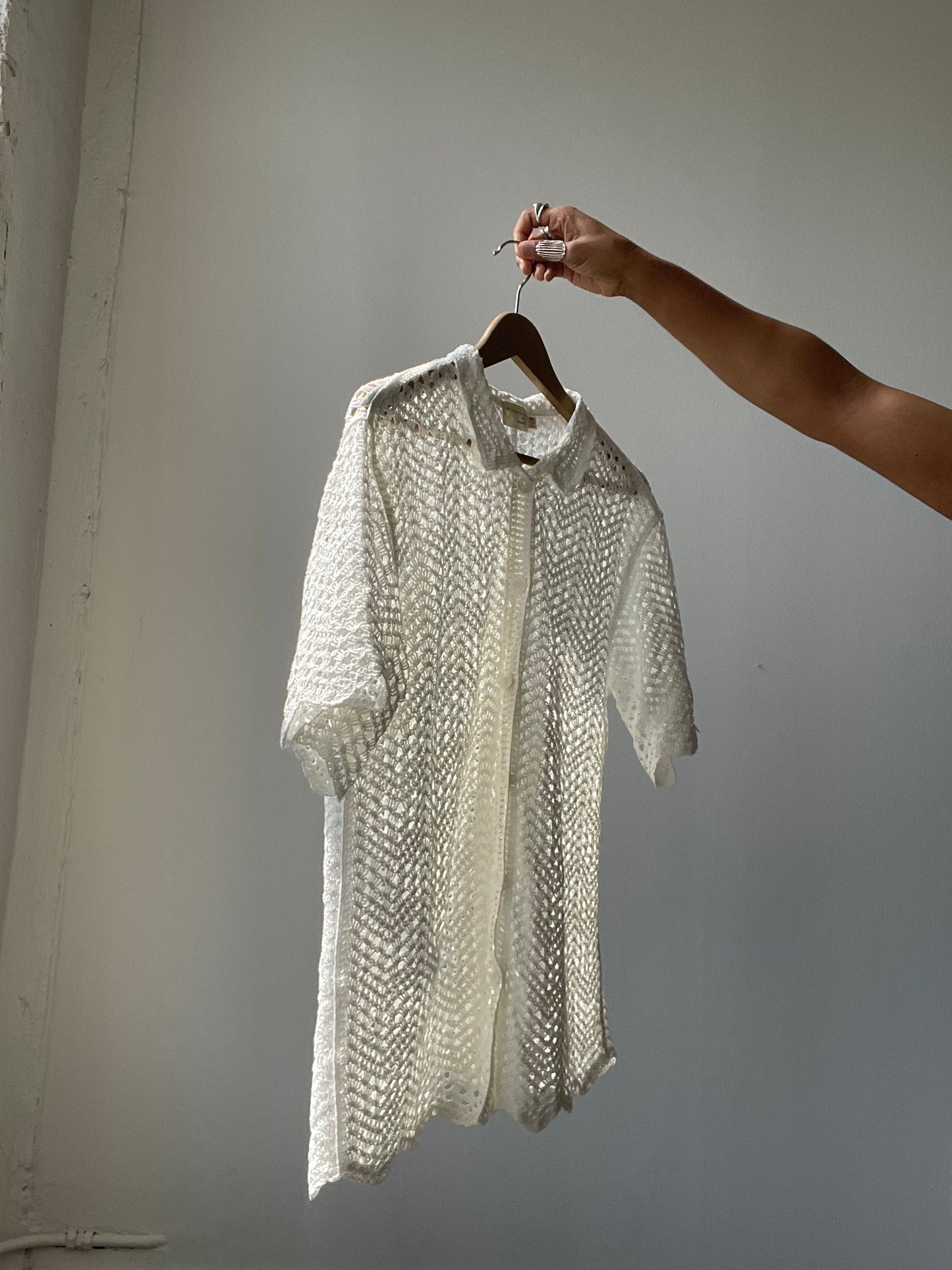 Mira Cotton Crochet Scallop Button Down In White