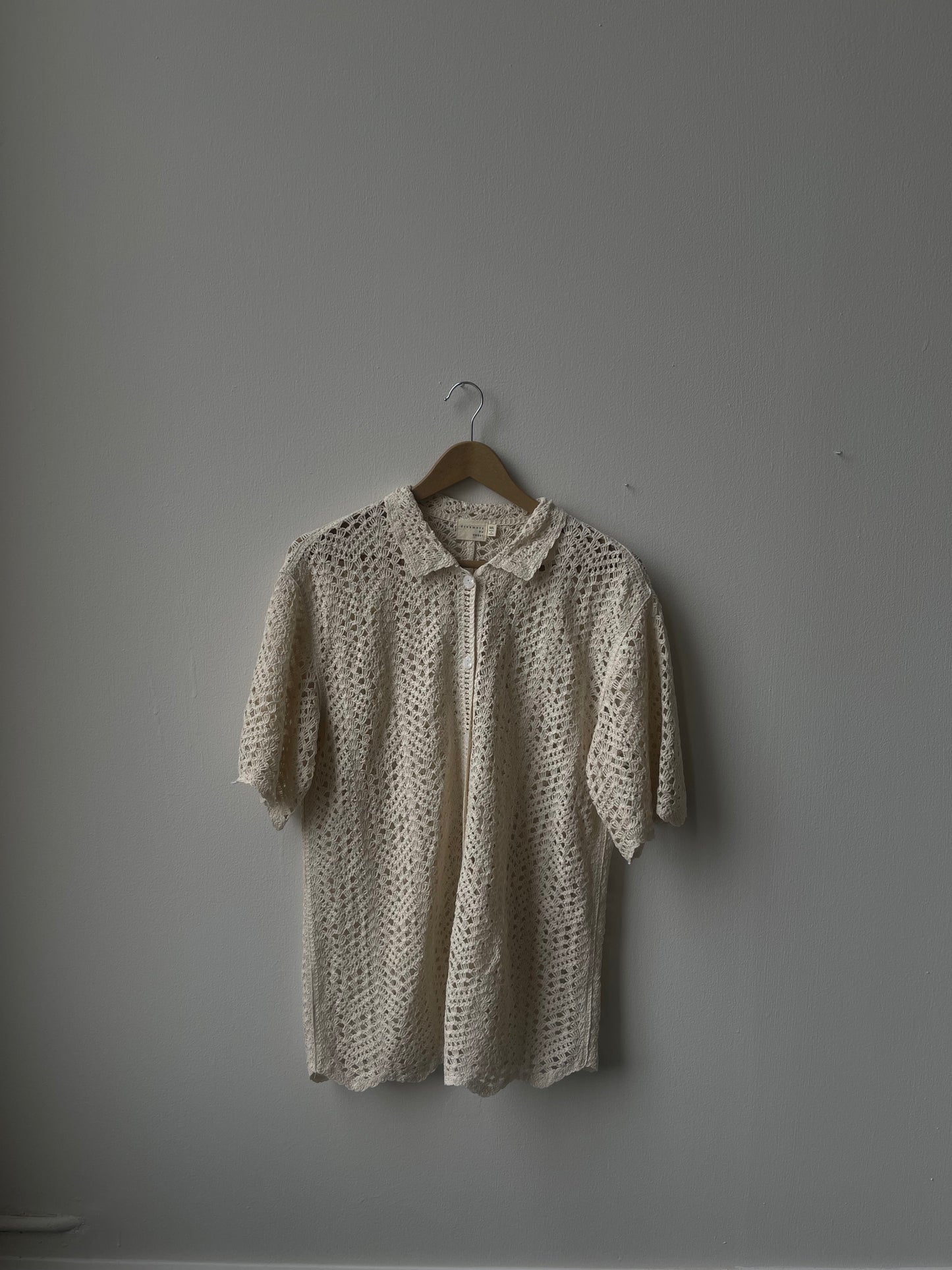 Mira Cotton Crochet Scallop Button Down In Natural