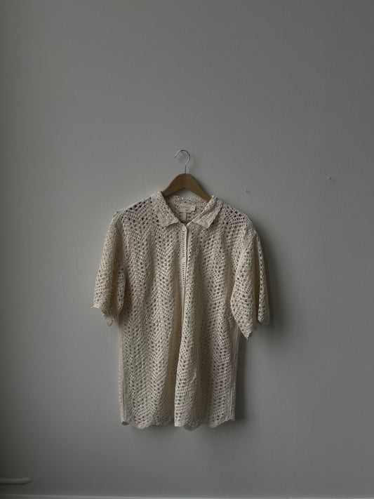 Mira Cotton Crochet Scallop Button Down In Natural
