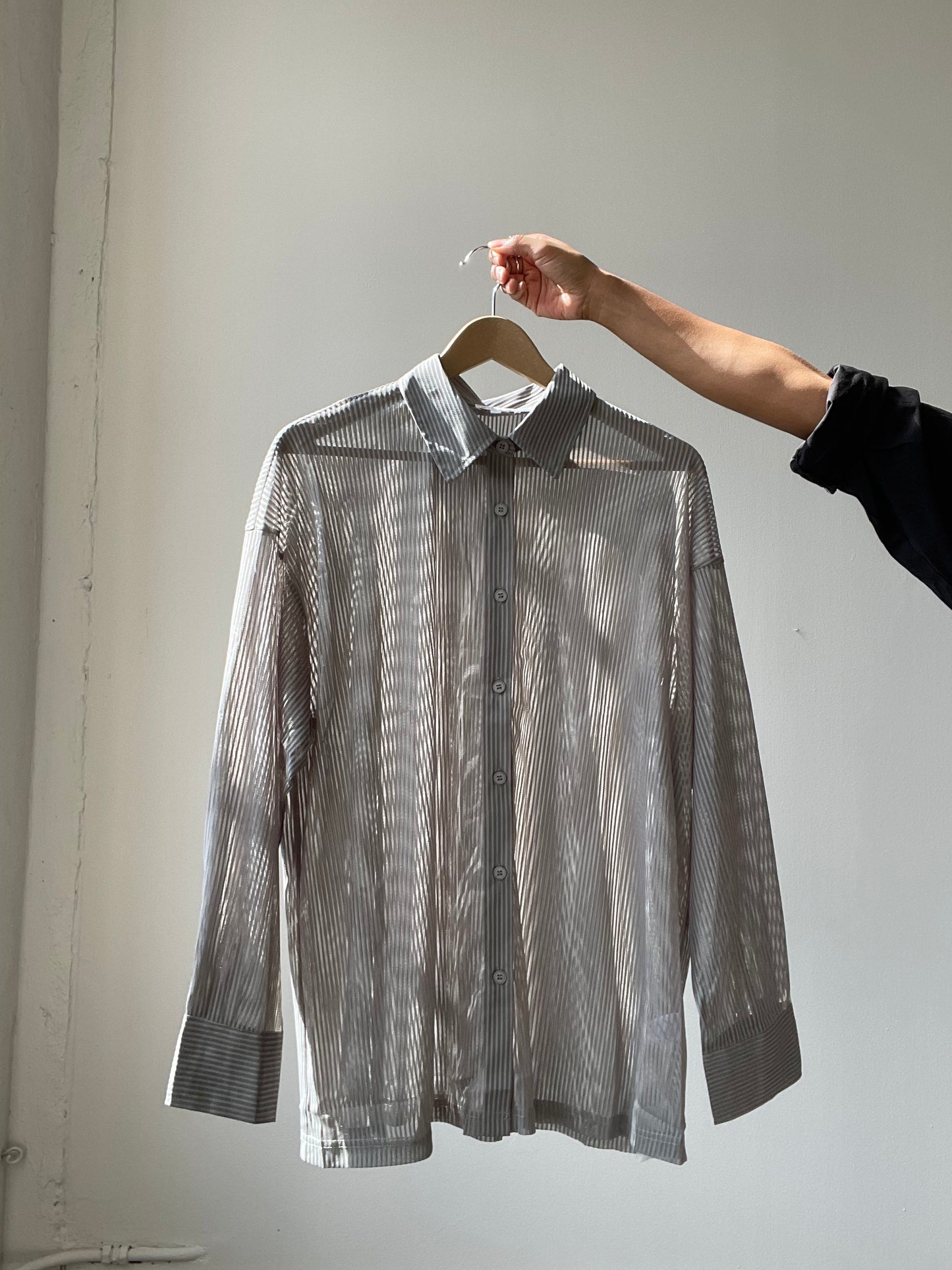Presley Striped Sheer Button Down In Dust Sage
