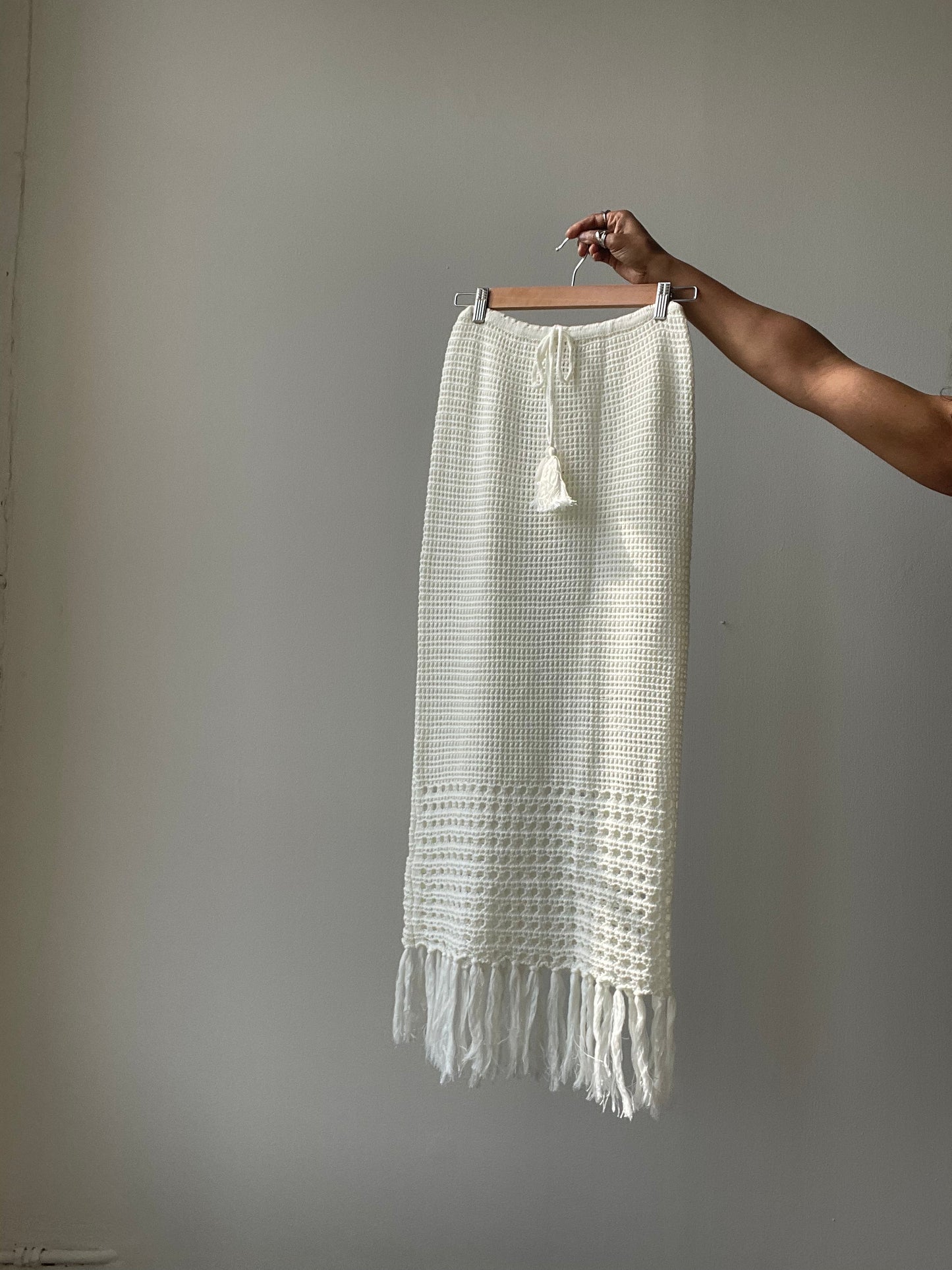 Courtney Cotton Crochet Fringe Midi Skirt In Ivory