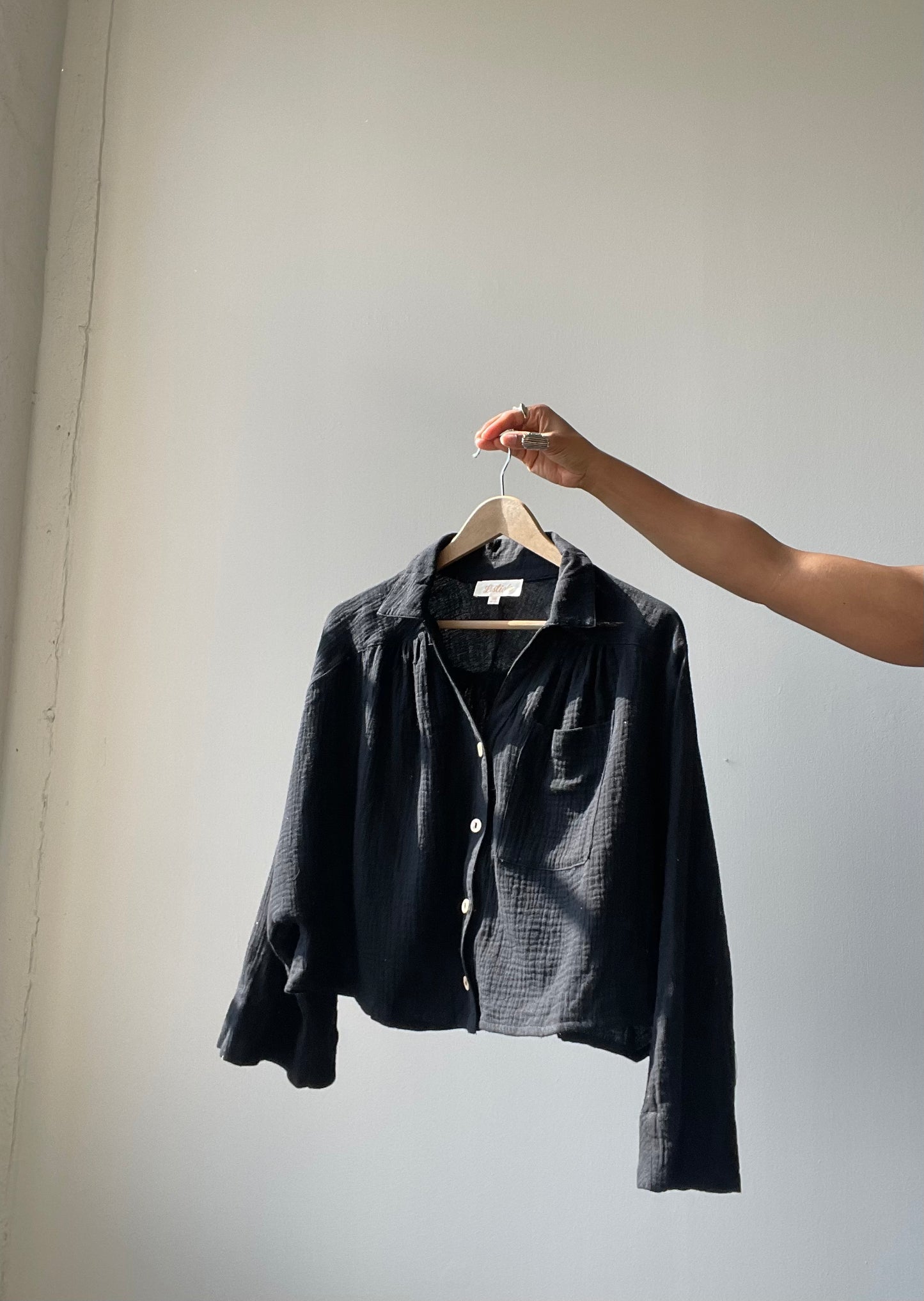 Kelsey Button Down Oversized Cotton Crop Top In Black