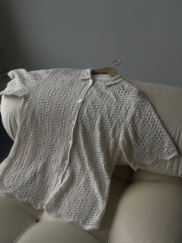 Mira Cotton Crochet Scallop Button Down In Natural
