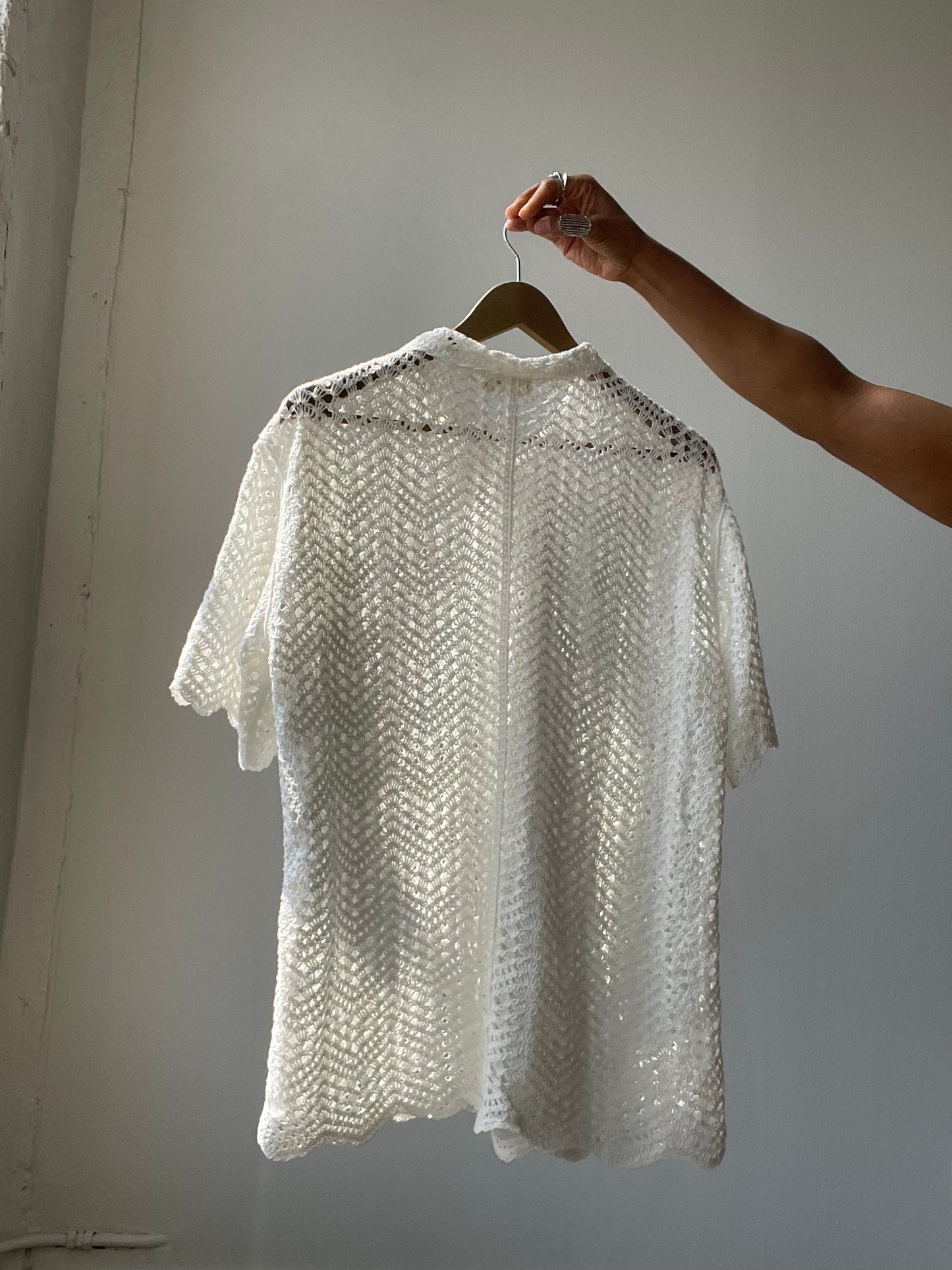 Mira Cotton Crochet Scallop Button Down In White