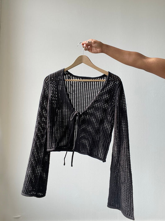 Lufkin Cotton Crochet Cardigan In Black