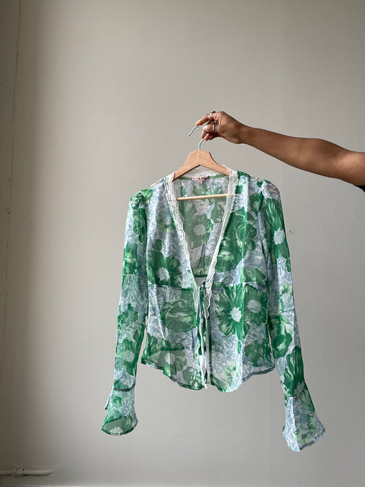 Victoria Lace Trim Sheer Floral Top In Sky Green