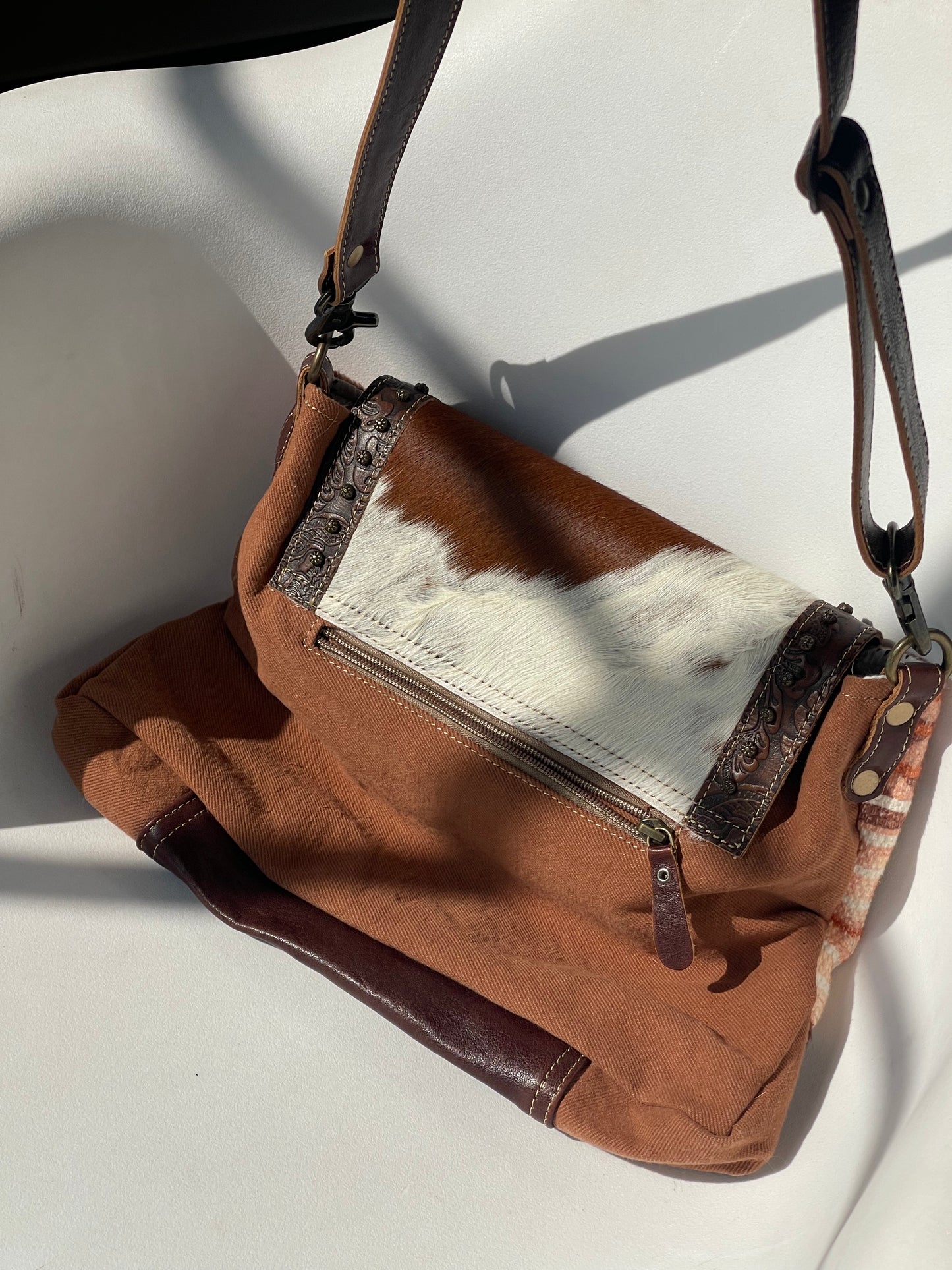 Chelsea Texas Leather Cowhide Tribal Saddle Bag