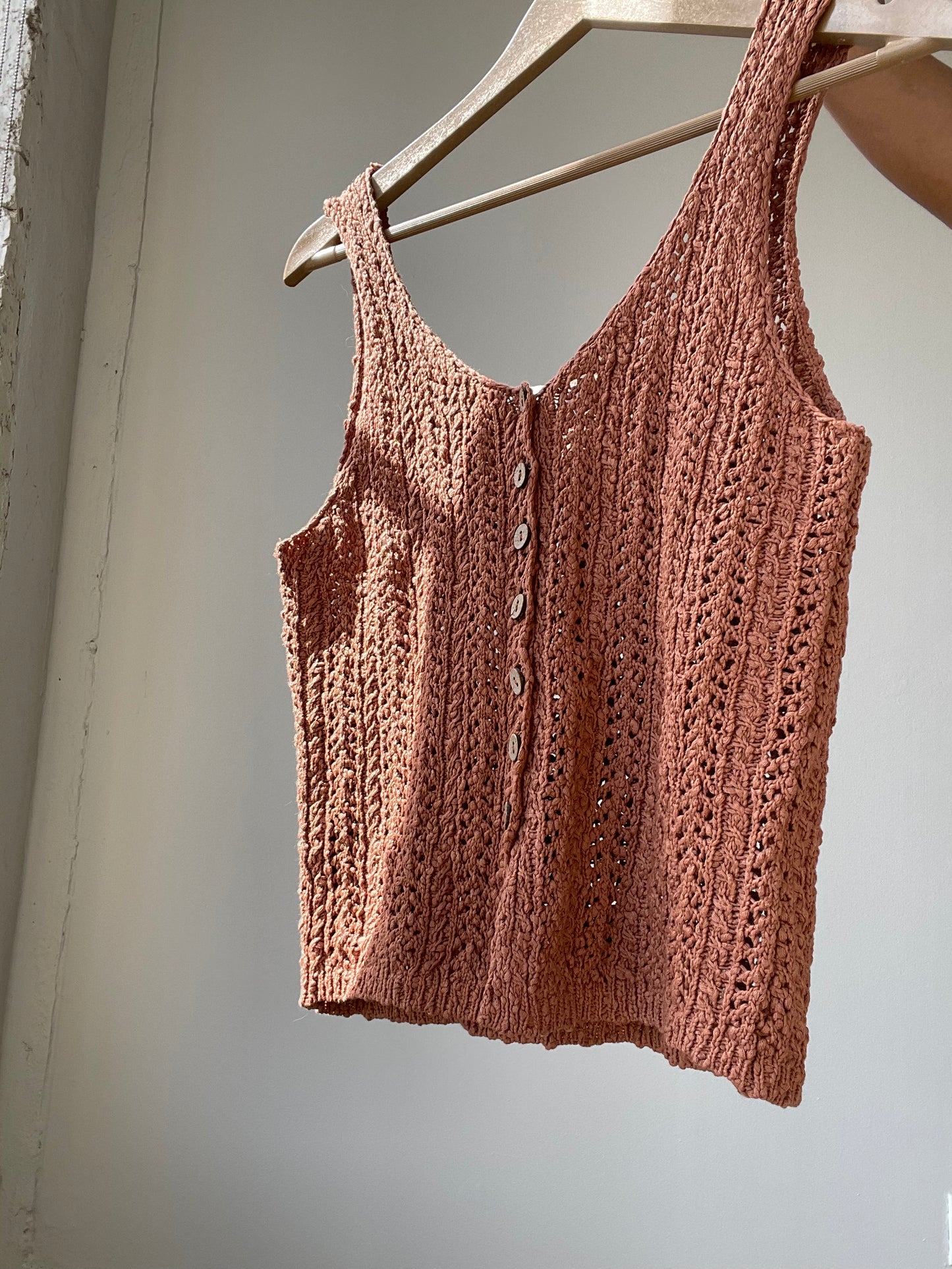 Kindle Cotton Crochet Button Front Vest In Brick