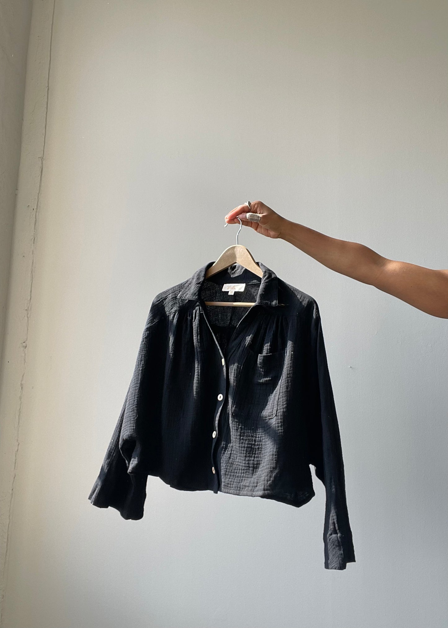 Kelsey Button Down Oversized Cotton Crop Top In Black
