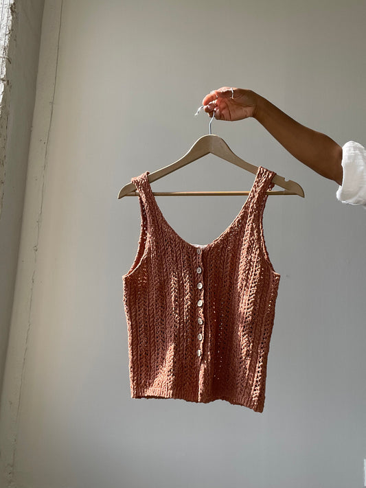 Kindle Cotton Crochet Button Front Vest In Brick