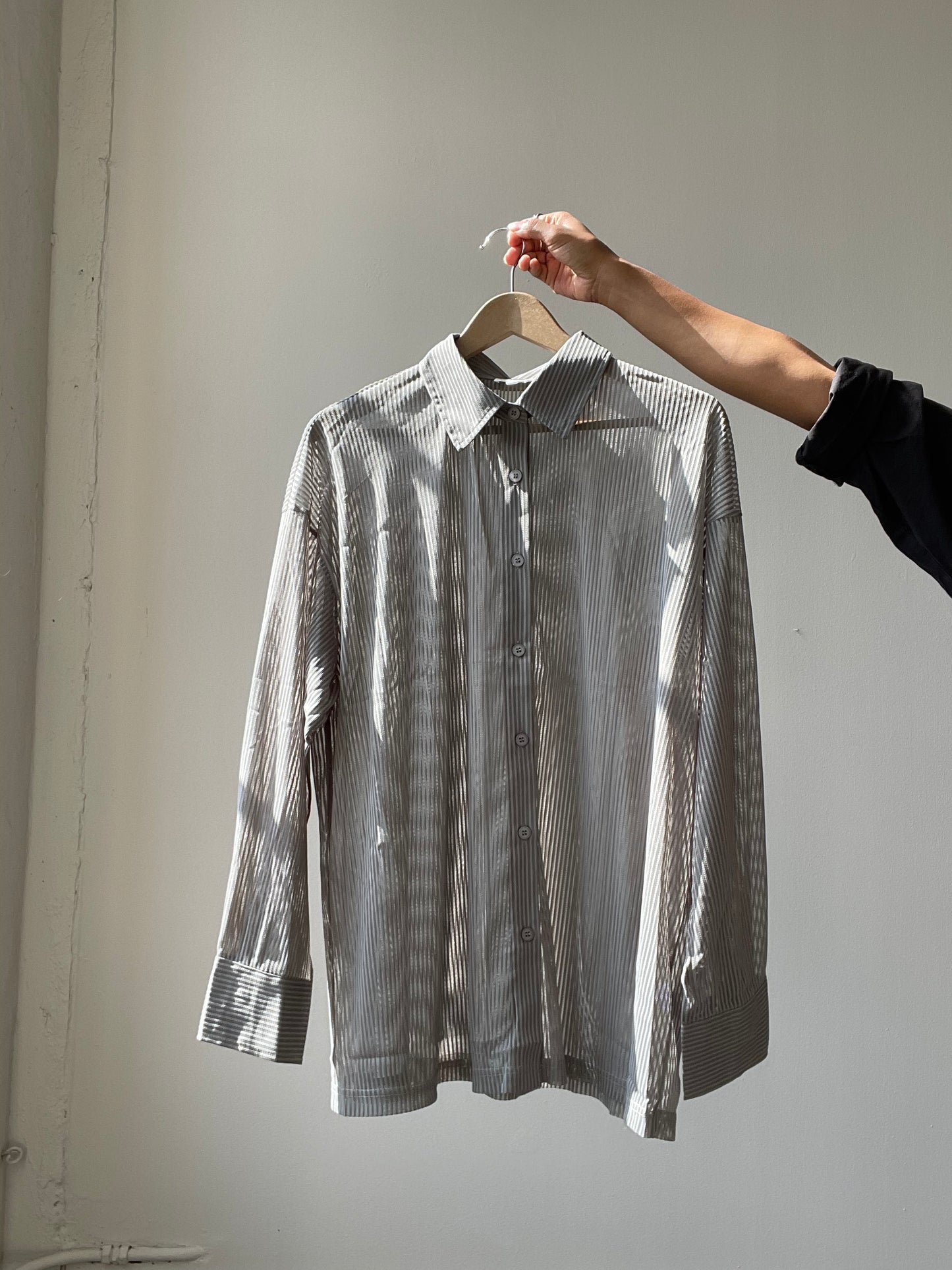 Presley Striped Sheer Button Down In Dust Sage