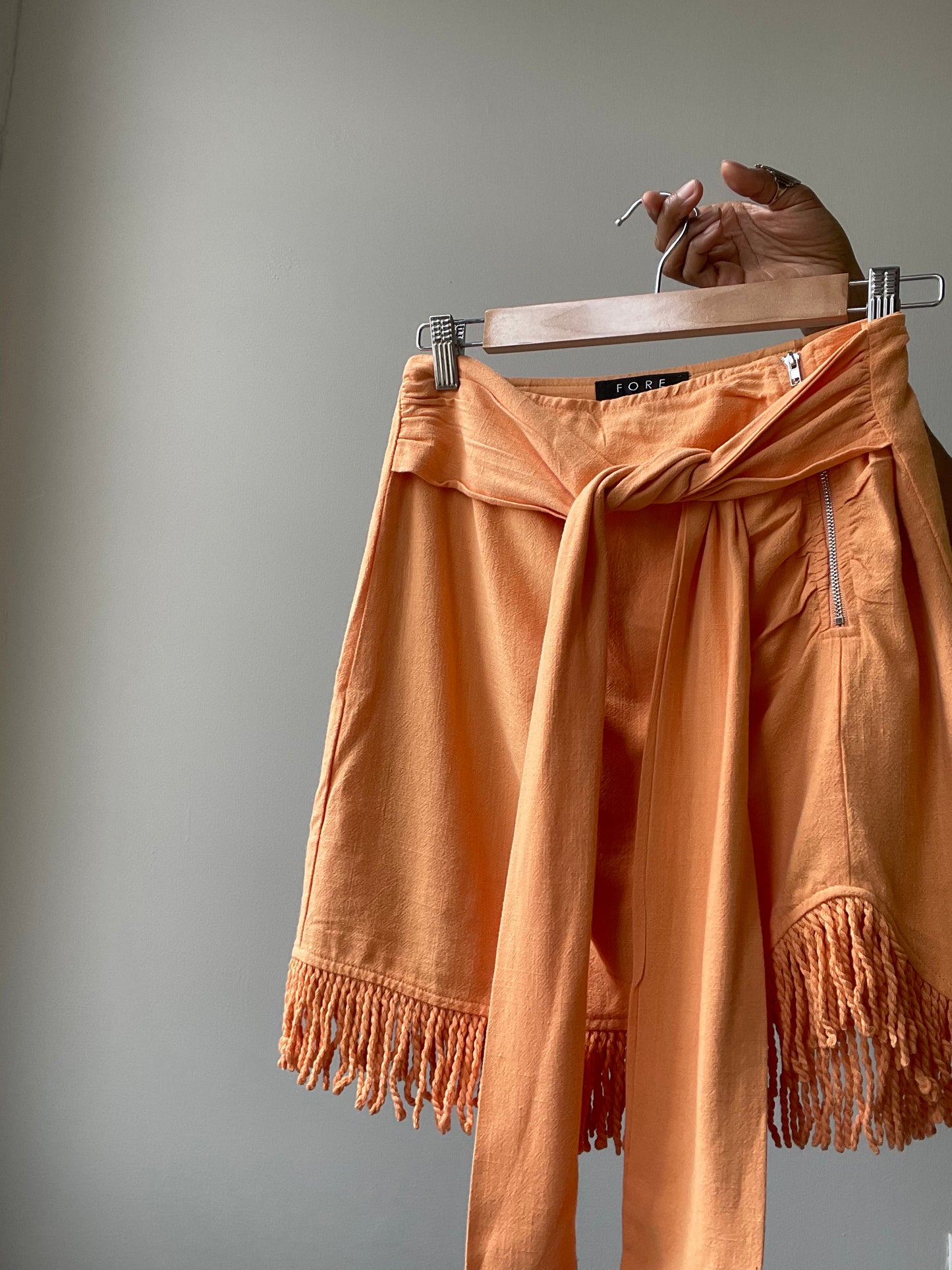 Lacy Linen Fringe Tie Mini Skirt In Tangerine