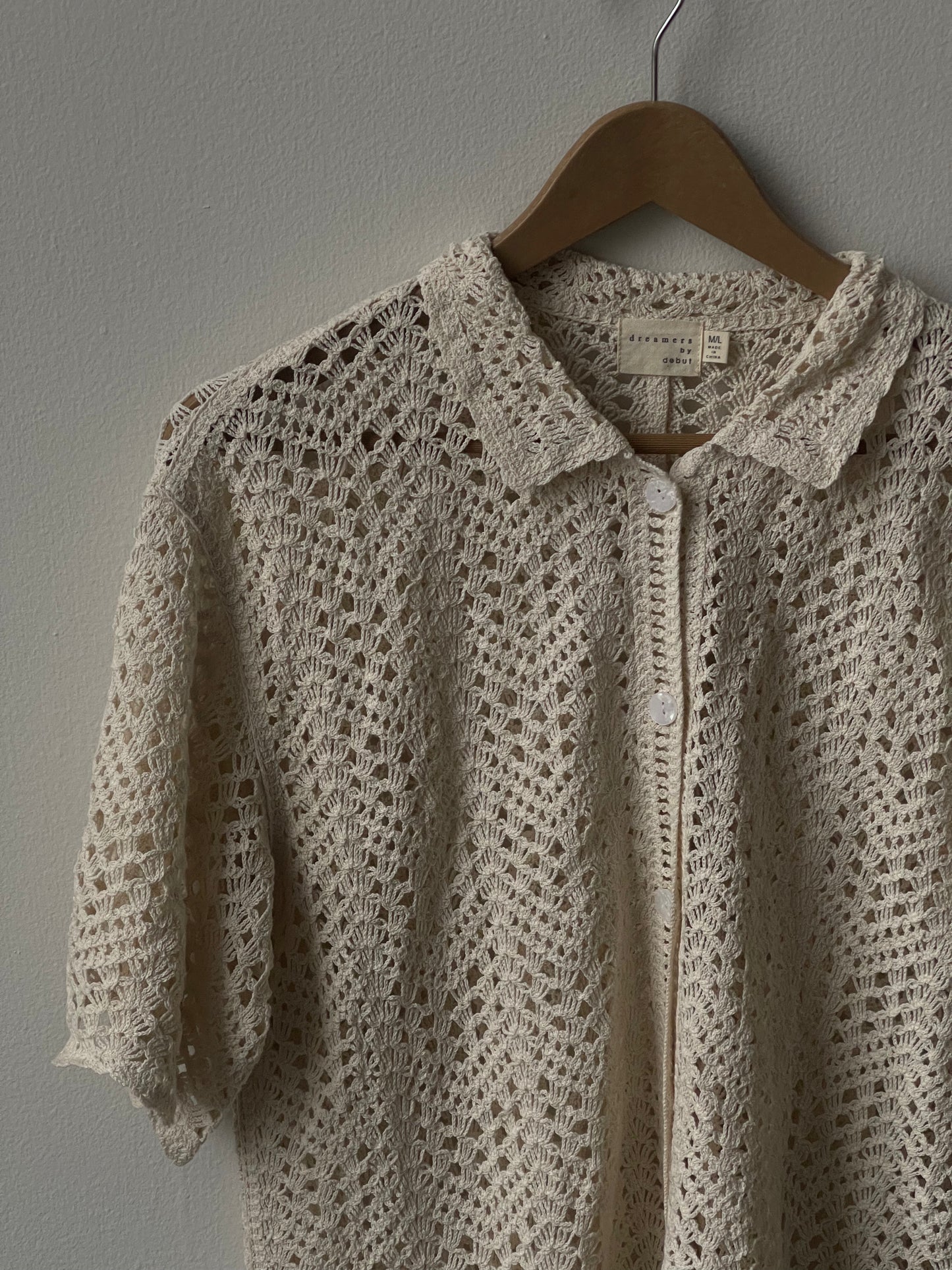 Mira Cotton Crochet Scallop Button Down In Natural