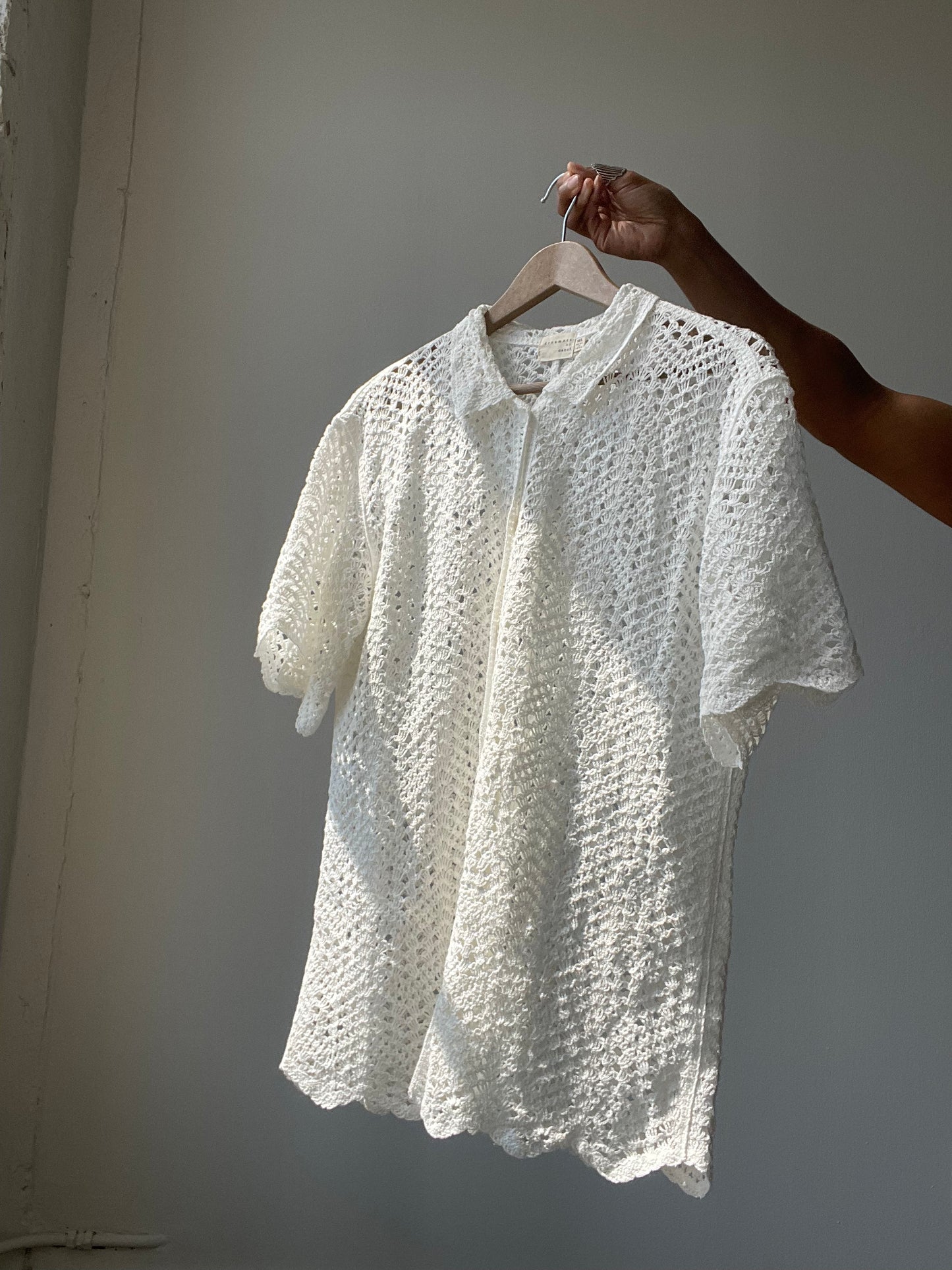 Mira Cotton Crochet Scallop Button Down In White