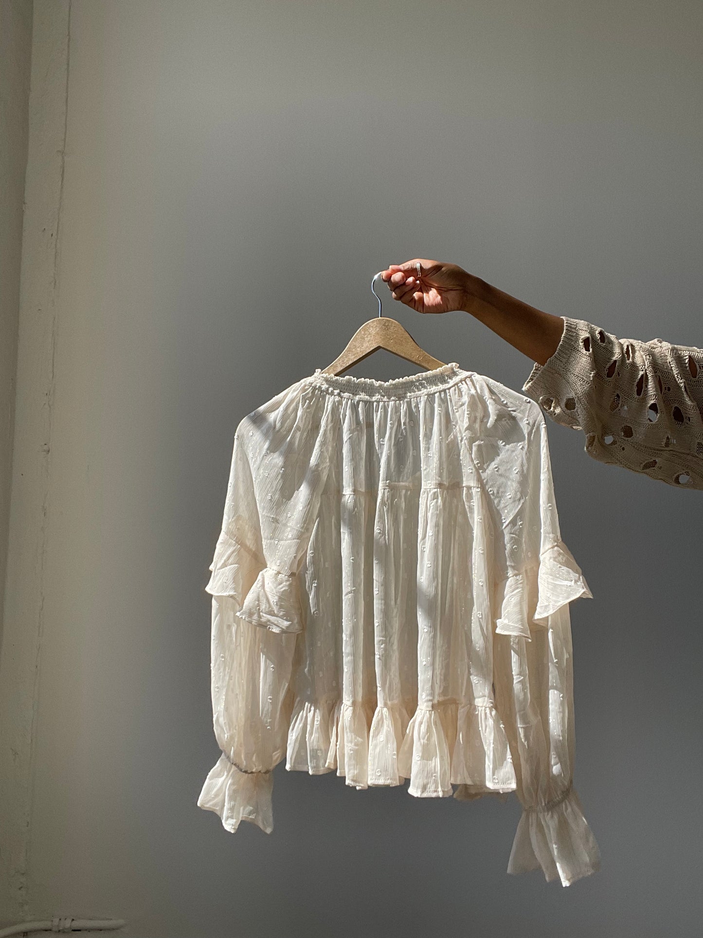 Claudette Ruffle Metallic Sheer Top In Cream