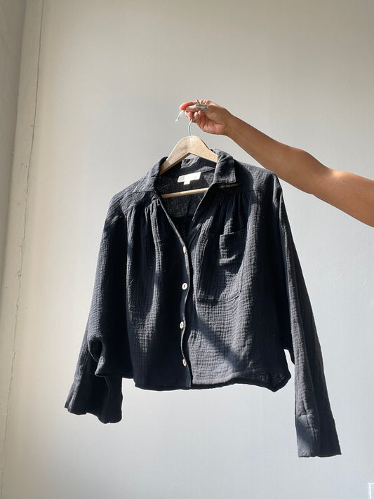 Kelsey Button Down Oversized Cotton Crop Top In Black