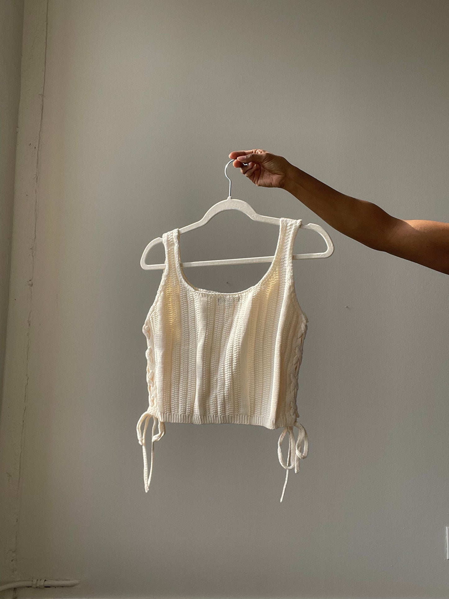 Audrey Cotton Square Neck Side Lace Up Crop Top In Natural
