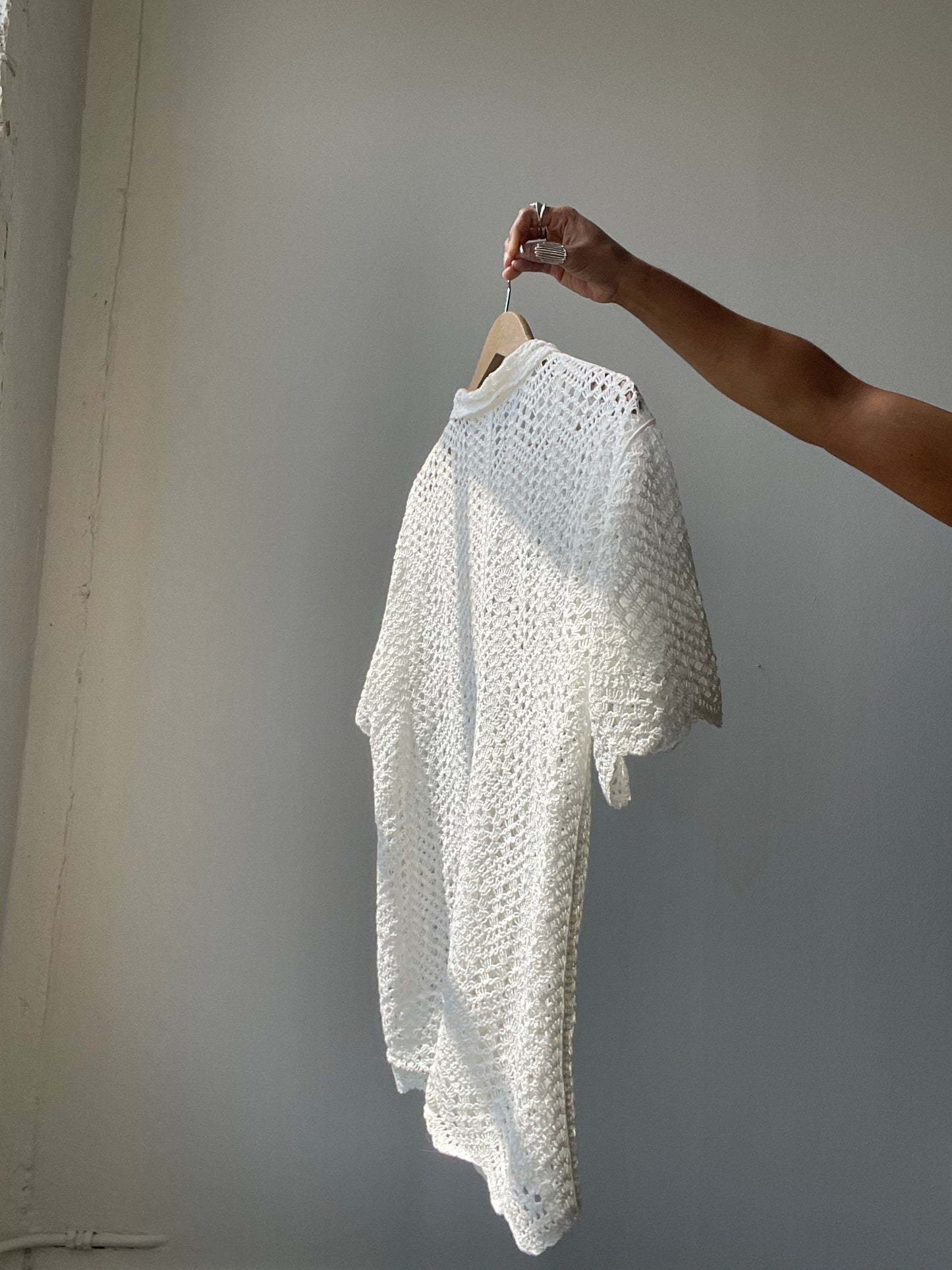 Mira Cotton Crochet Scallop Button Down In White