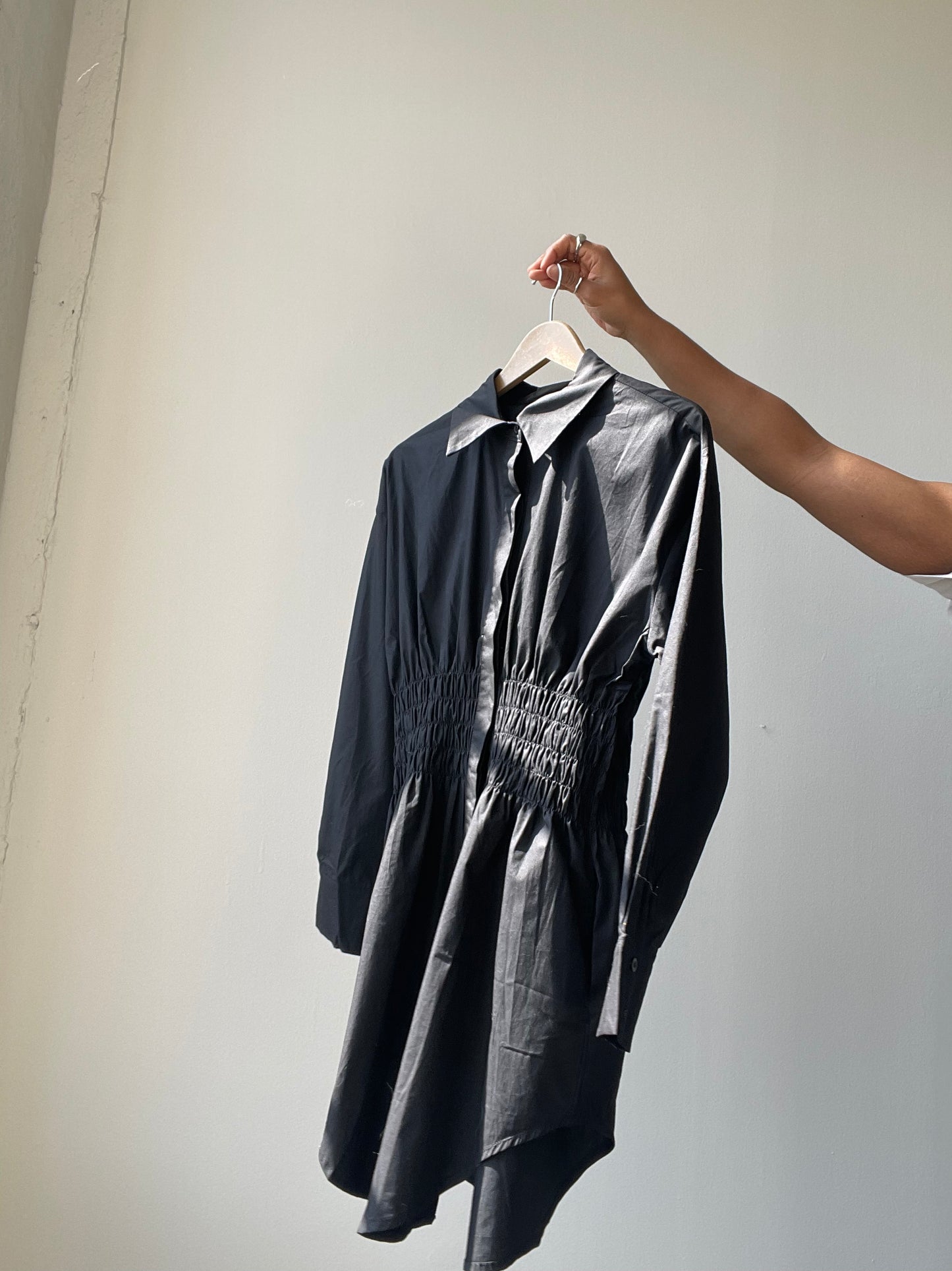 Lexi Rouged Button Down Shirt Dress In Black