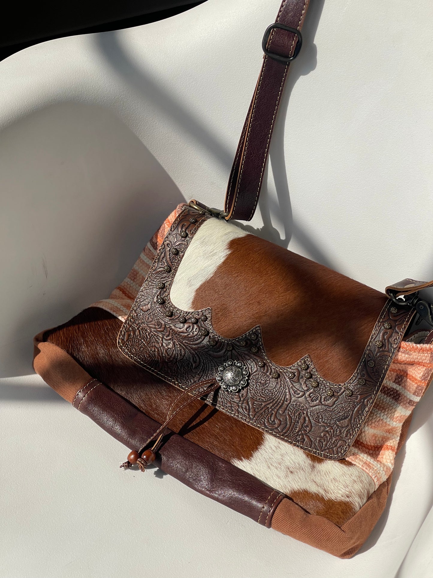 Chelsea Texas Leather Cowhide Tribal Saddle Bag