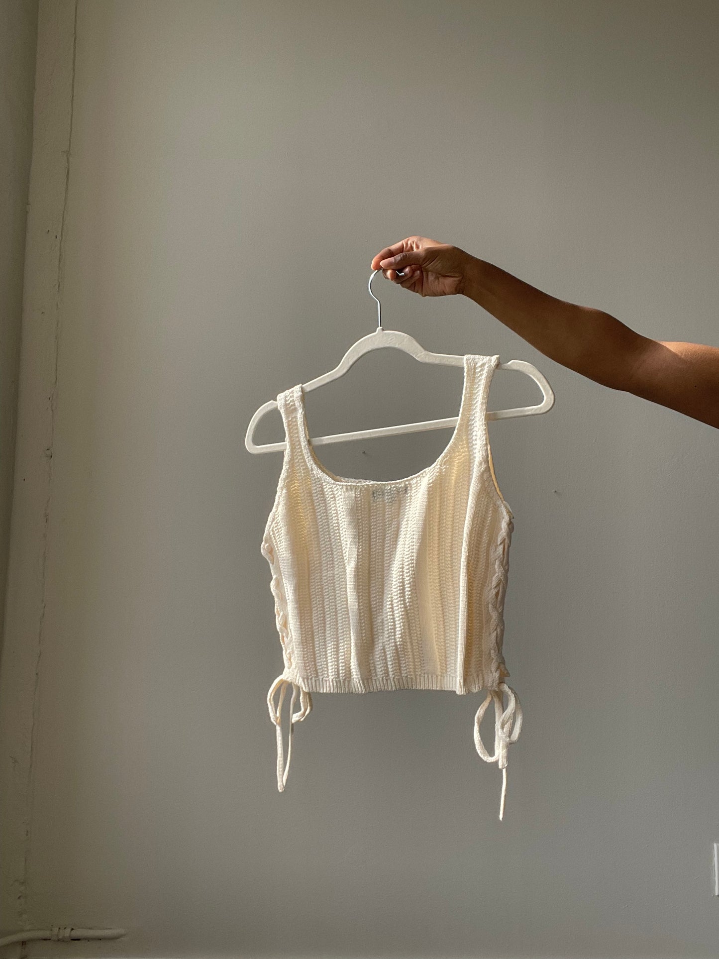 Audrey Cotton Square Neck Side Lace Up Crop Top In Natural