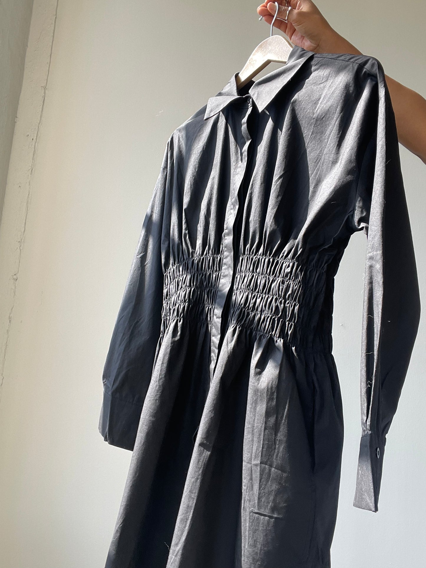 Lexi Rouged Button Down Shirt Dress In Black