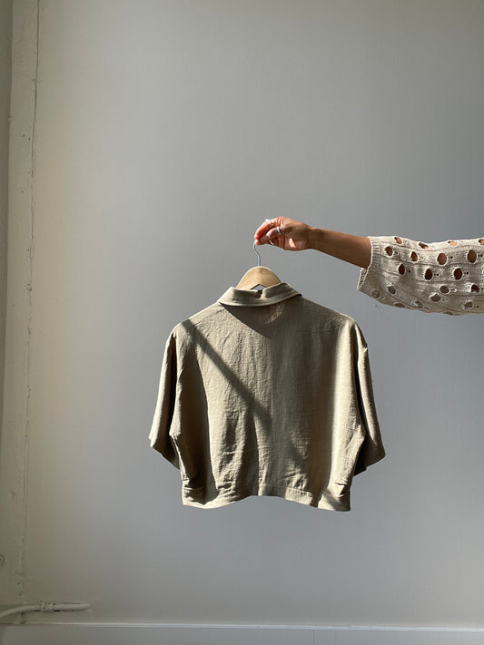 Maggie Linen Cotton High Low Button Front Top In Olive