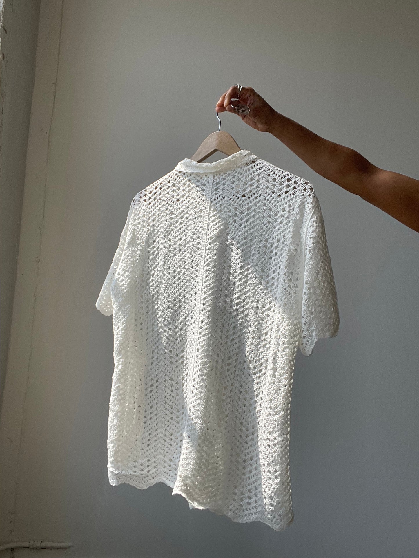 Mira Cotton Crochet Scallop Button Down In White