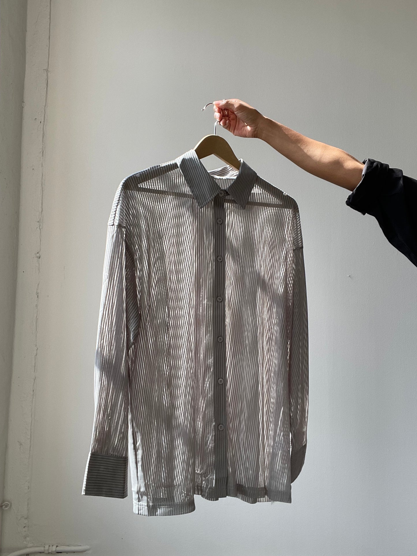 Presley Striped Sheer Button Down In Dust Sage