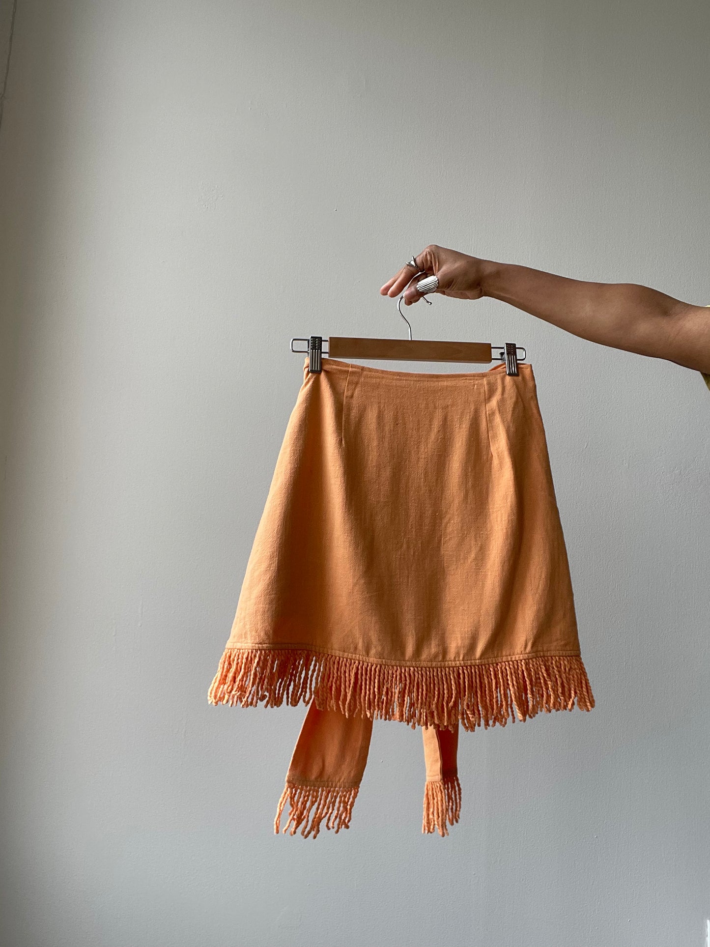Lacy Linen Fringe Tie Mini Skirt In Tangerine